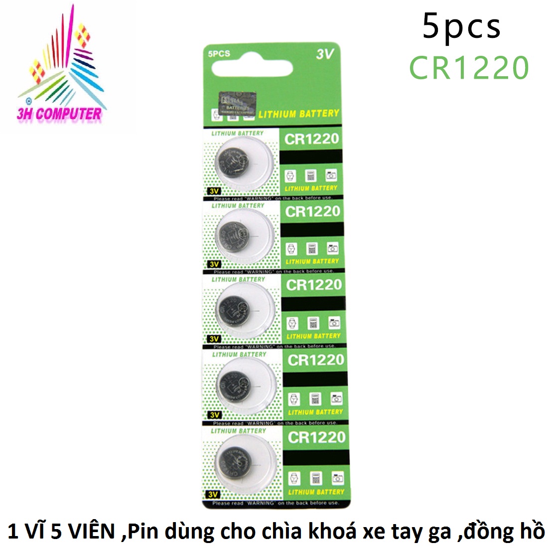 Pin đồng hồ, điều khiển CR1220 (Vỉ 5 vên),PIN CR1220 Lithium ,Pin dùng cho chìa khoá xe tay ga